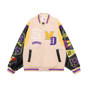Letter Machine Embroidery Baseball Uniform Men's Hip Hop Stitching PU Leather Jacket