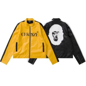 Letter Printed Leather Clothing With Stand Collar Men's Loose Hip Hop Casual Jacket