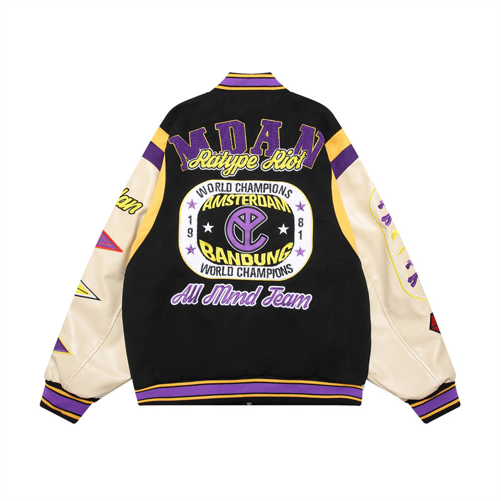 Letter Machine Embroidery Baseball Uniform Men's Hip Hop Stitching PU Leather Jacket - Image 5