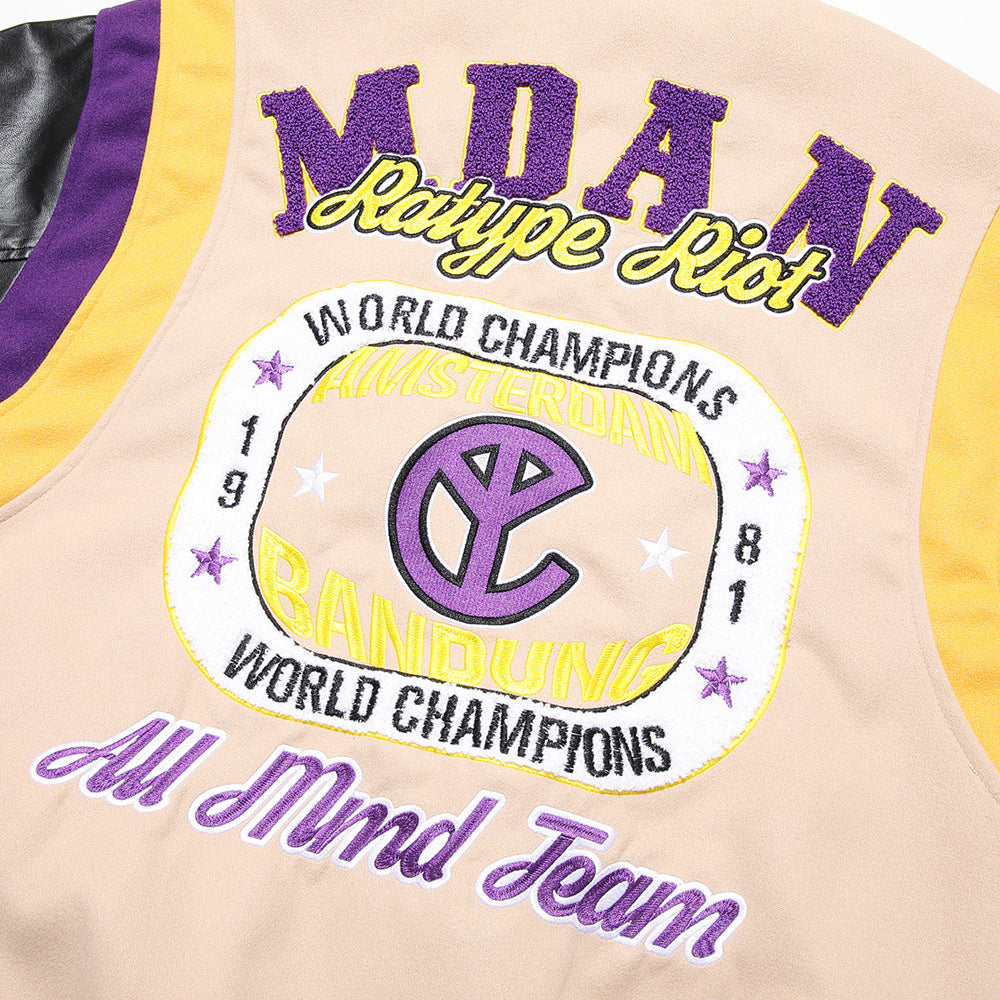 Letter Machine Embroidery Baseball Uniform Men's Hip Hop Stitching PU Leather Jacket - Image 3