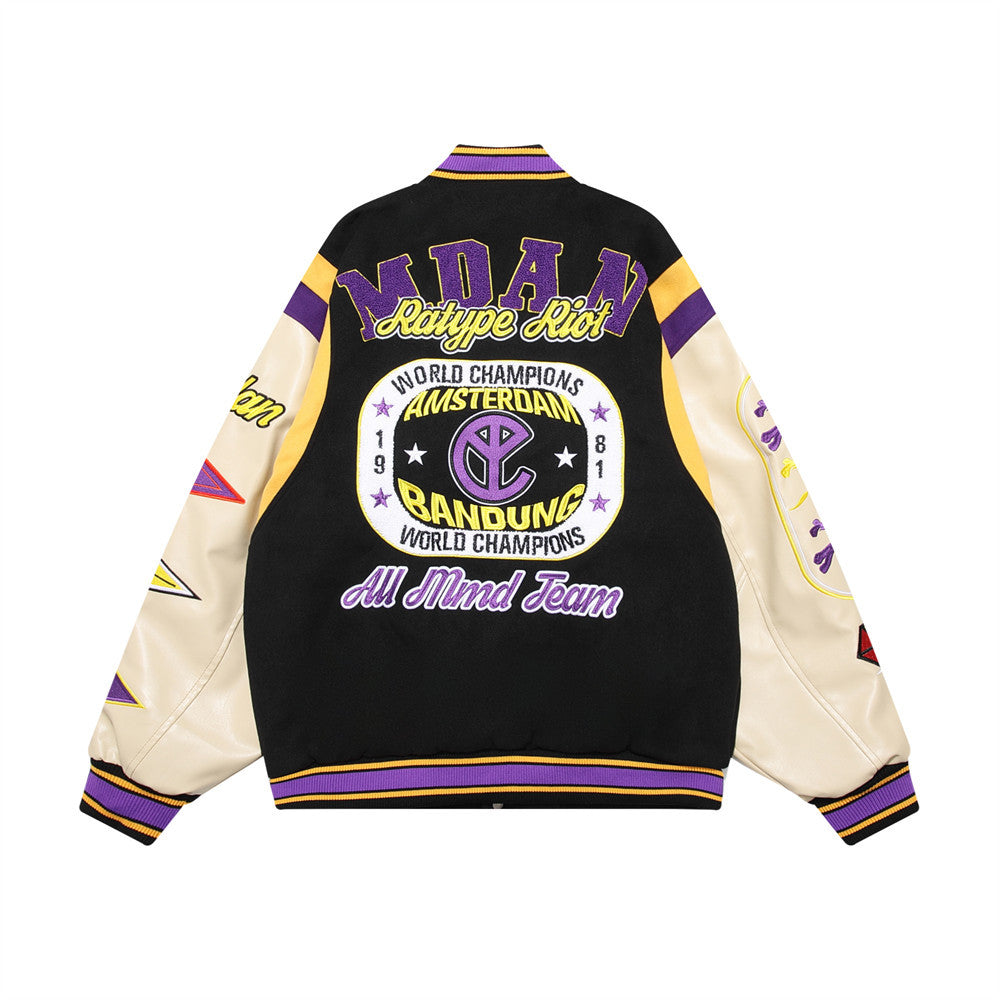 Letter Machine Embroidery Baseball Uniform Men's Hip Hop Stitching PU Leather Jacket - Image 10