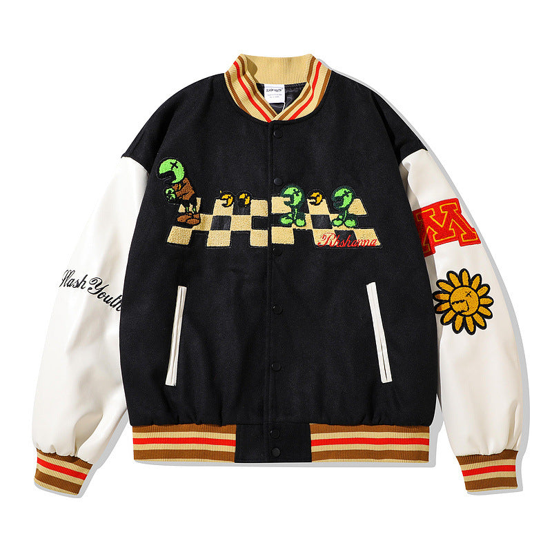 Trendy Brand Hip-hop Flocking Embroidery Baseball Uniform Jacket Male Street Loose PU Leather Stitching Couple Jacket - Image 8