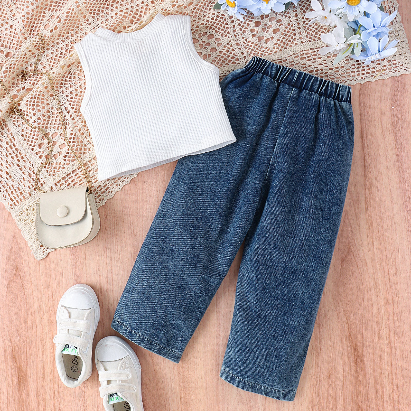 Sleeveless Vest Butterfly Print Washed Jeans Girls Suit - Image 8