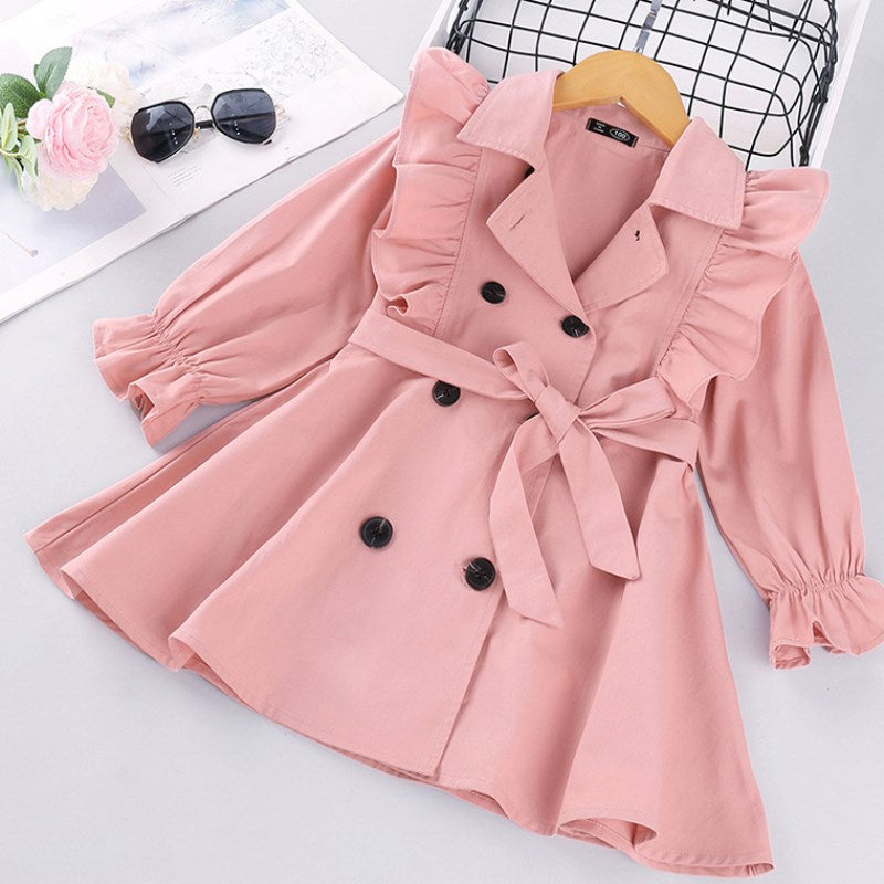 Girls' Trench Coat With Solid Double-Breasted Jacket - Image 6