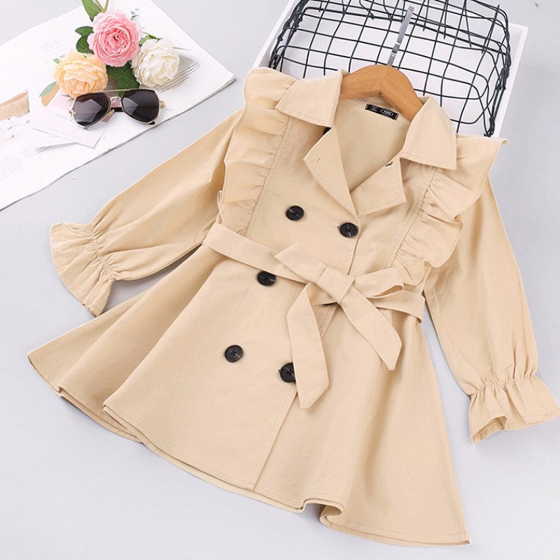 Girls' Trench Coat With Solid Double-Breasted Jacket - Image 5