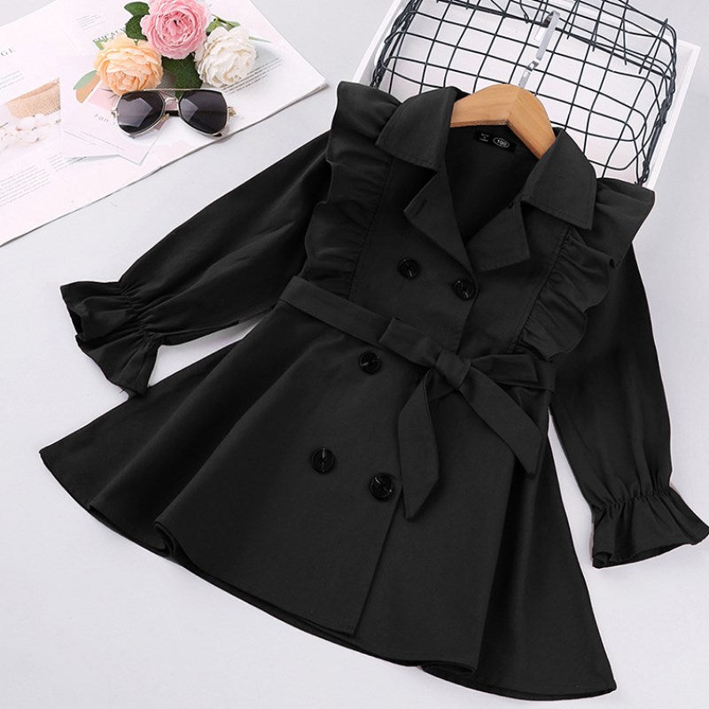 Girls' Trench Coat With Solid Double-Breasted Jacket - Image 4
