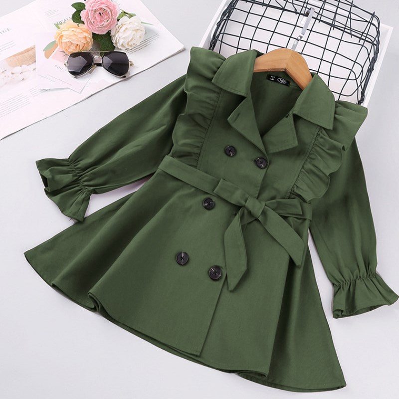 Girls' Trench Coat With Solid Double-Breasted Jacket - Image 3