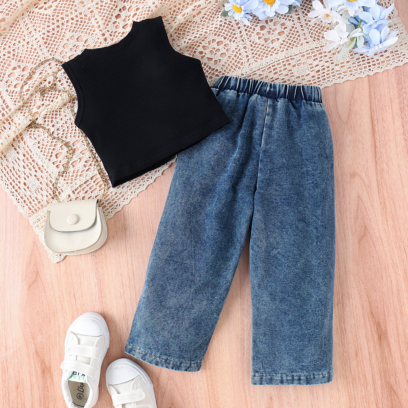 Sleeveless Vest Butterfly Print Washed Jeans Girls Suit - Image 2