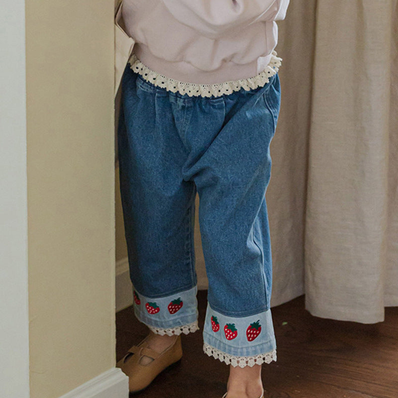 Sweet Lace Patchwork Embroidered Strawberry Casual Jeans - Image 6