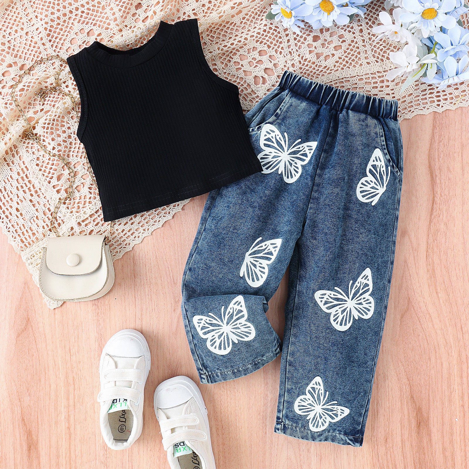 Sleeveless Vest Butterfly Print Washed Jeans Girls Suit - Image 9