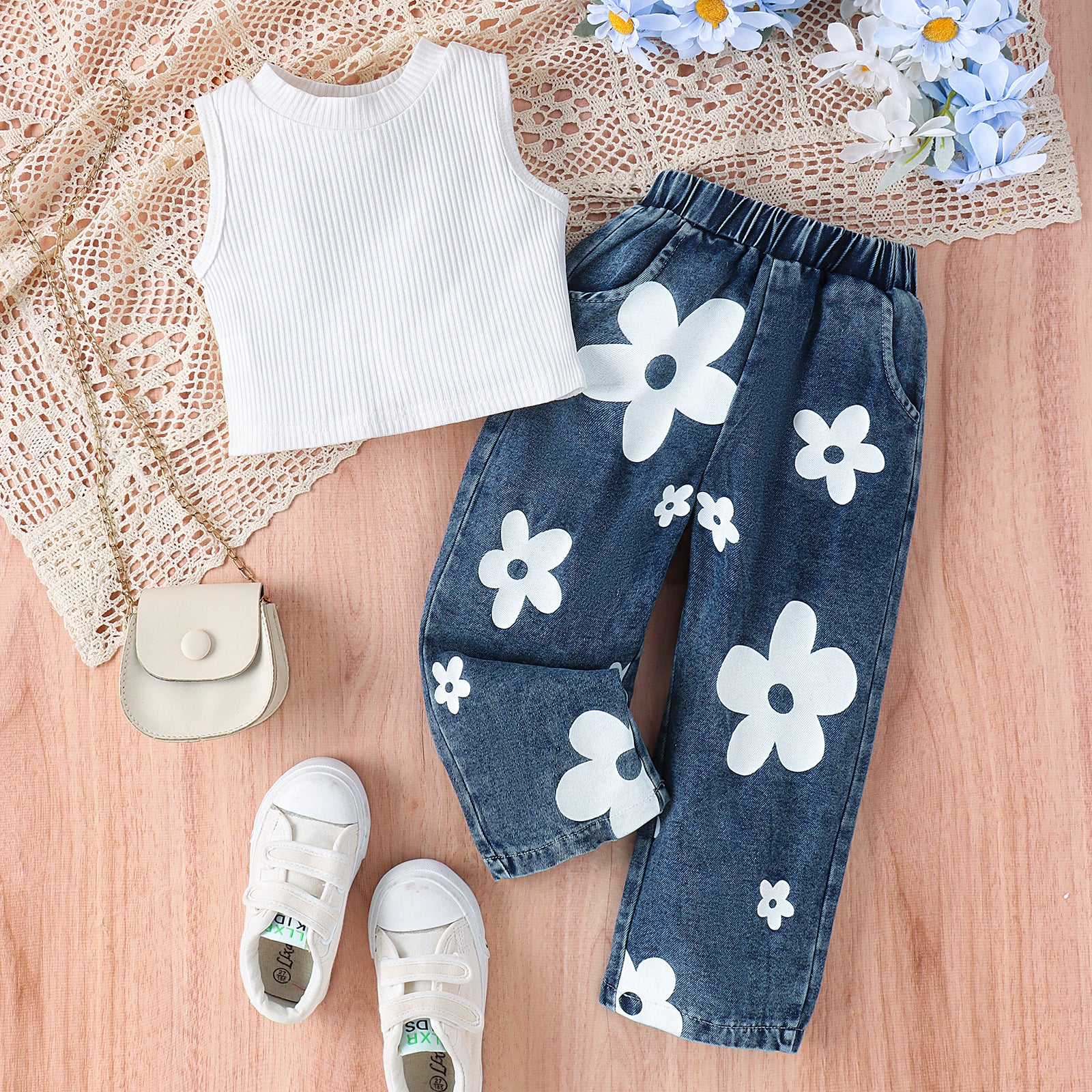 Sleeveless Vest Butterfly Print Washed Jeans Girls Suit - Image 10