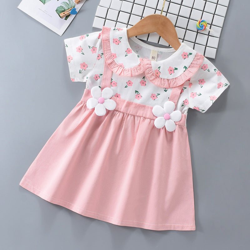Girls' Cute Fake Two-piece All-match Short Sleeve Dress - Image 5