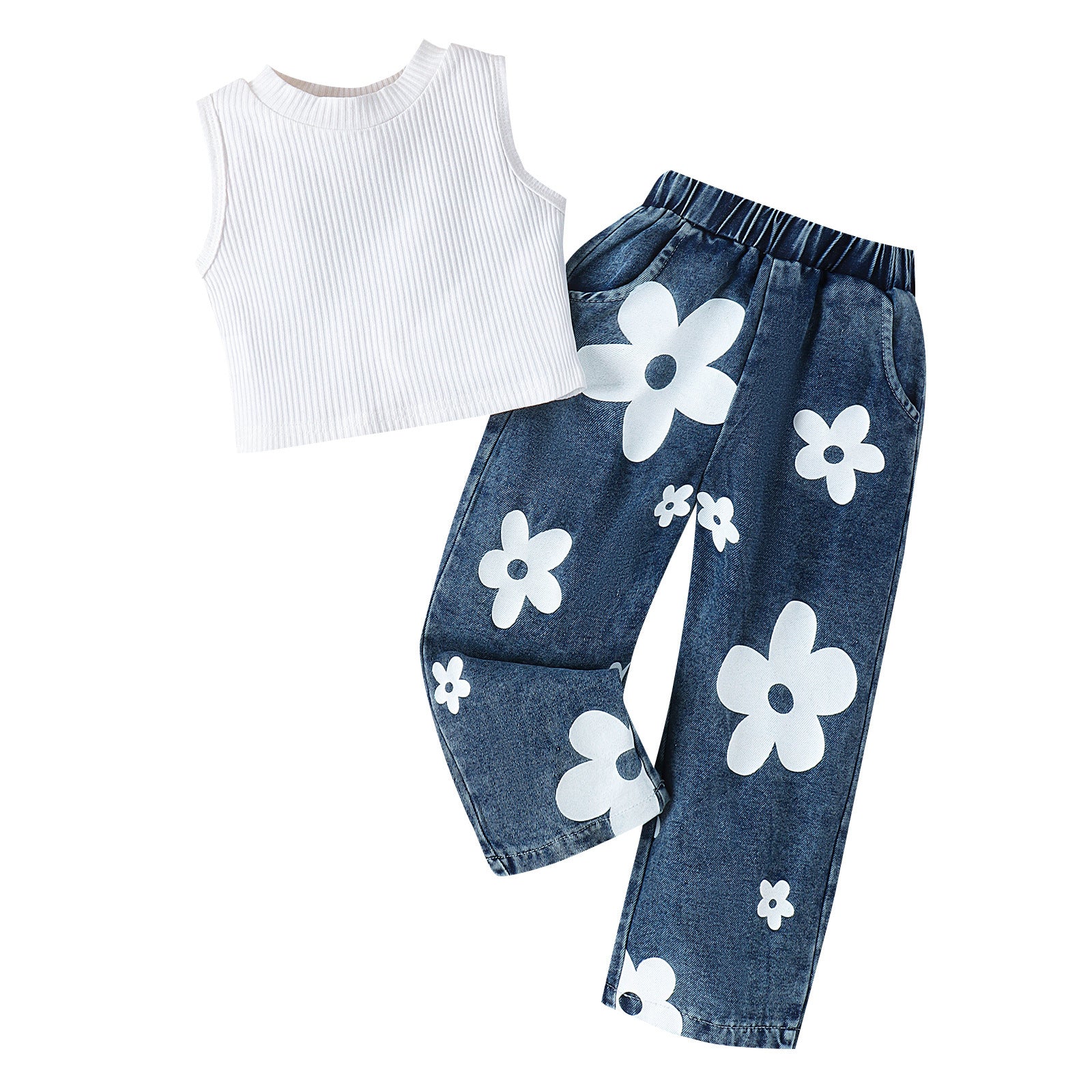 Sleeveless Vest Butterfly Print Washed Jeans Girls Suit - Image 3